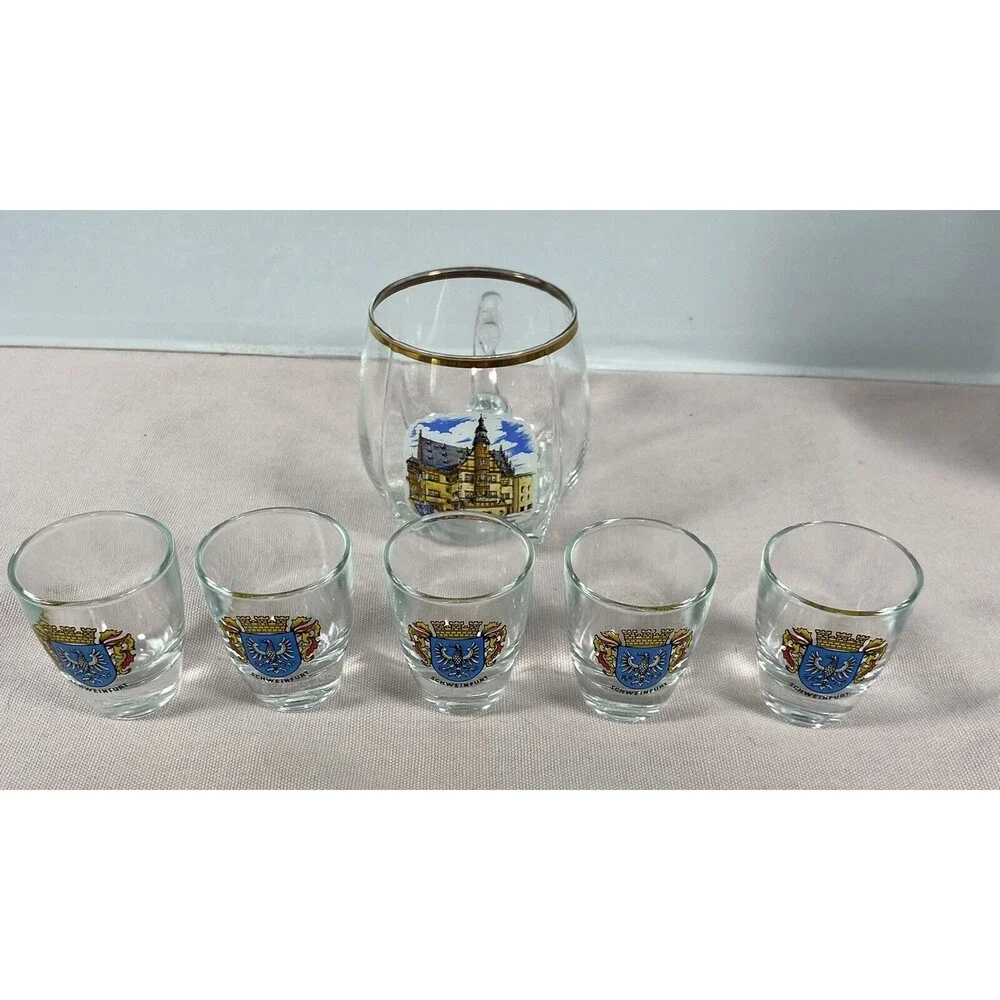 VTG German 5 Shot Glass Set Schweinfurt - Rathaus. Plus 1 Drinking Glass.